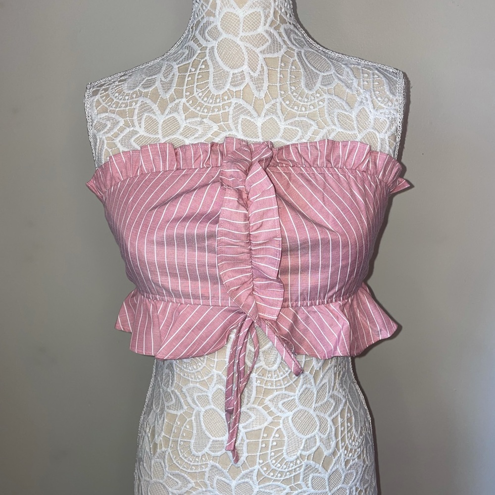 NWT Large Hot & Delicious ruffle crop top. Pink with white stripes.
